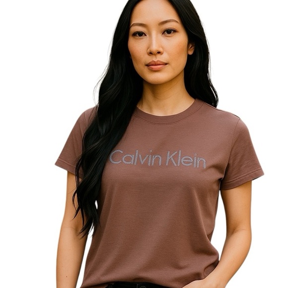 New Calvin Klein Rosewood Logo Tee Iridescent Glitter Script Soft Stretch Sze M - Picture 1 of 13